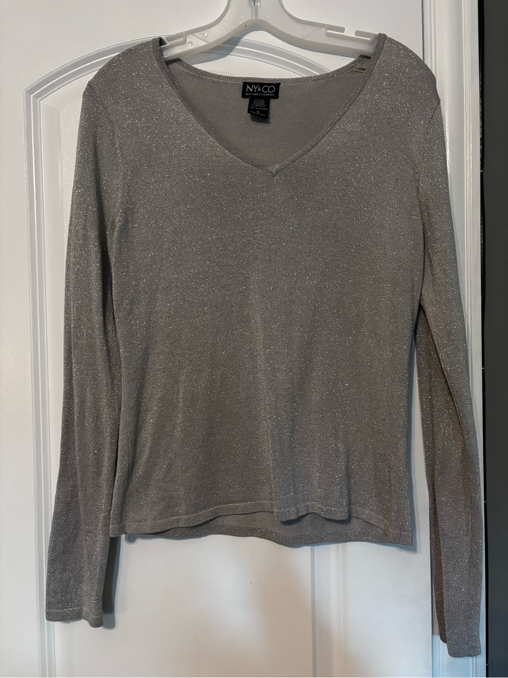 Silk Blend New York & Company Silver with sparkle V-Neck Long Sleeve Top Medium